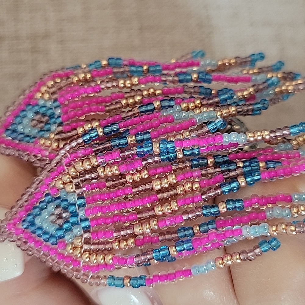 Bohemian Beaded Fringe Earrings - Pink, Blue, Gold - Picture 5 of 7